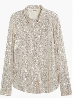 OPEN EDIT Sequined Silver Button-Front Shirt